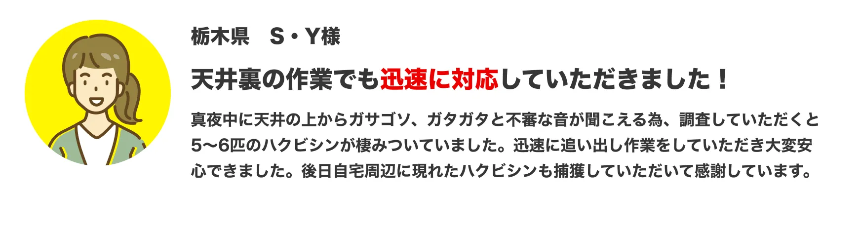 駆除キング お客様のお声 天井裏の作業でも迅速に対応していただきました！