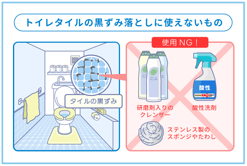 トイレタイルの黒ずみ落としに使えないもの一覧を図示