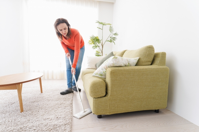 ダニ予防のためにソファの周りを掃除する女性