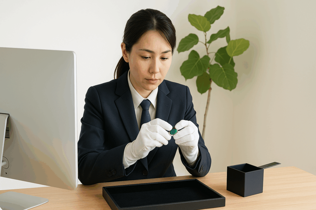 ヒスイが本物か偽物か見極めている買取スタッフ