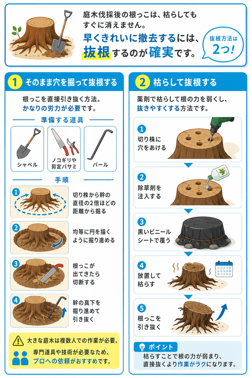 庭木伐採後に抜根する方法