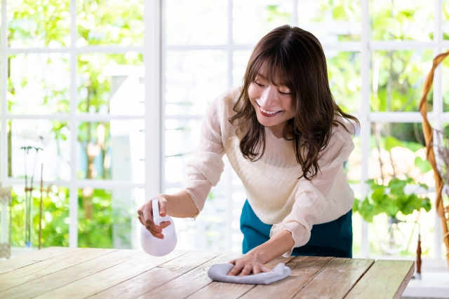 リビングでスプレーを使って掃除する女性