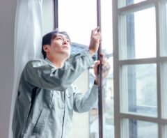 届かない窓の外側を掃除したいと思っている男性