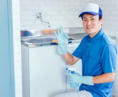 作業前に説明をする清掃業者の男性