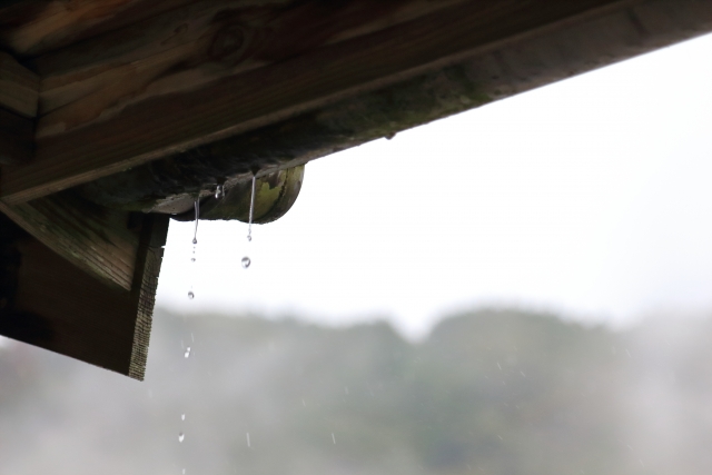 雨の中で水があふれている雨樋の様子