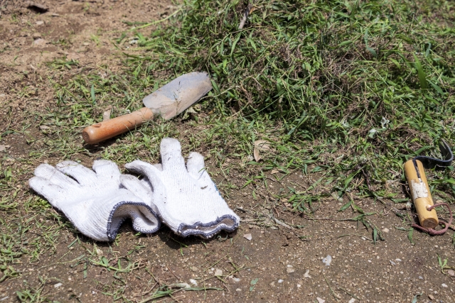 地面に置かれた軍手と草むしり道具