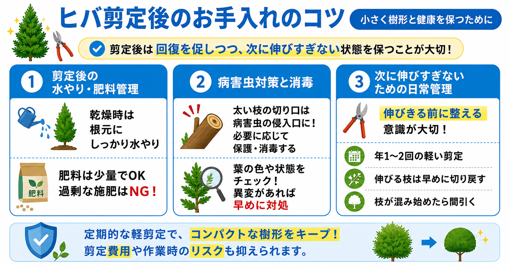 ヒバ剪定後のお手入れのコツ【小さく樹形と健康を保つために】