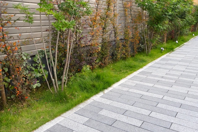 門まわりから玄関まで整備されたアプローチと植栽のあるエクステリア