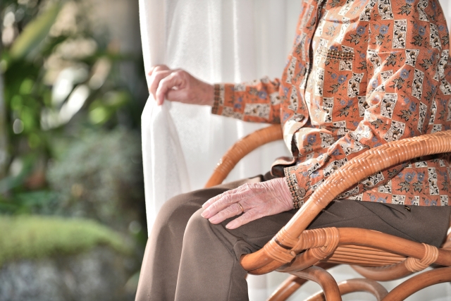 椅子に座って庭を眺める高齢女性の後ろ姿