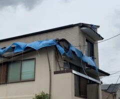 屋根にブルーシートをかける業者