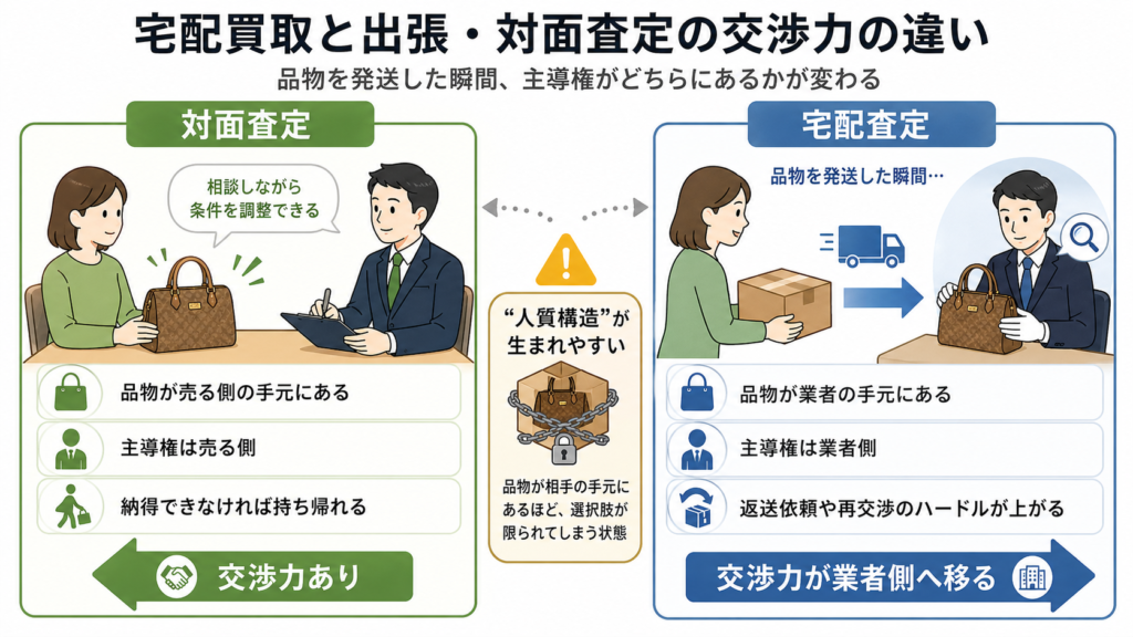 宅配買取と出張買取の交渉力・構造比較概念図