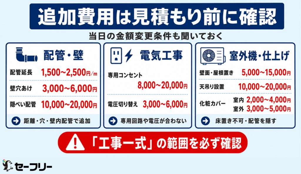 追加費用が発生しやすいエアコン工事の追加料金目安一覧
